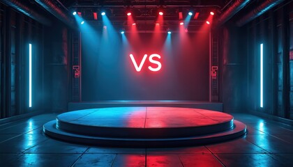 Futuristic battle stage with neon VS sign. Blue and red spotlights illuminate a round platform in a dark sci fi arena. High tech showdown venue for gaming or competition.