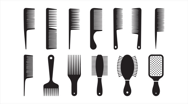 Hairdressing comb and brush silhouette icon pack isolated on white background