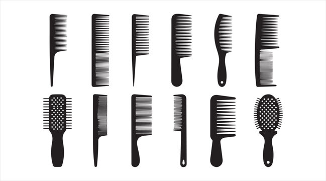 Hair comb and brush silhouettes collection for barber, salon and grooming design