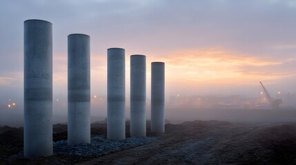 Concrete pillars stand in a misty construction site at dawn with soft sunrise light illuminating the industrial background