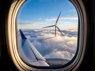Aus dem Blick des Fensters eines Flugzeuges ist &uuml;ber den Wolken ein Windrad zu sehen.