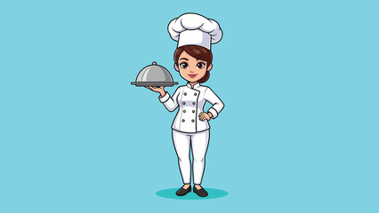 Female Chef Holding a Silver Cloche Serving Tray.