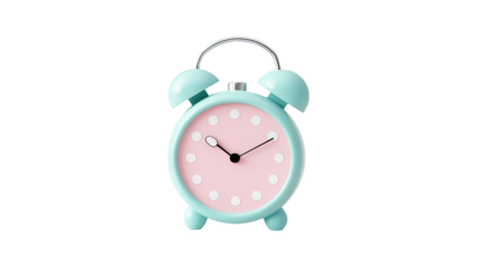 Turquoise alarm clock with pink face for time management and wake up reminder