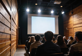 Audience seated in a modern conference room with a projector screen