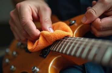Man cleans electric guitar fretboard. He wipes strings with orange cloth. Guitar maintenance ensures good playability and sound. Instrument care keeps it like new, important for musicians and players.