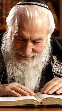 Elderly Jewish man with a wise demeanor, adorned in a kippah and tallit, engrossed in studying the sacred Torah within the walls of a synagogue or library