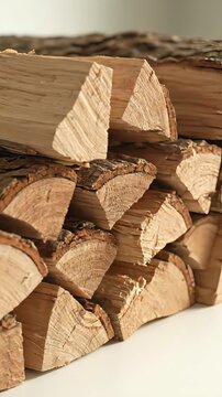 Close up of a neatly arranged stack of chopped firewood set against a blank white background. The natural oak wood texture is ideal for use in a fireplace or stove