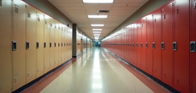 Long school hallway with yellow and red lockers. Empty corridor in high school or college. Bright lighting illuminates the scene. Interior shot of the educational institution space.