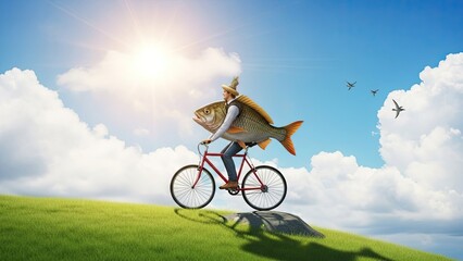 Obraz premium Fantasy image of fish riding bicycle across grassy hill under blue sky