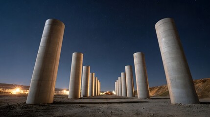 Concrete pillars stand in a row on a construction site under a dark starry night sky