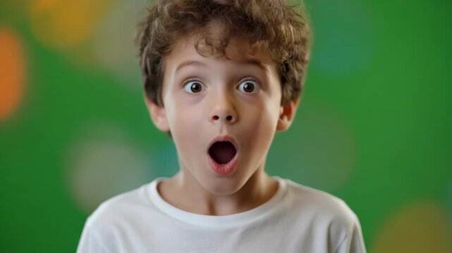 A young boy with a shocked expression on his face