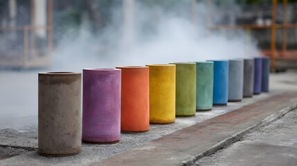 A line of vibrantly colored concrete cylinders in various hues standing outdoors with mist in the background