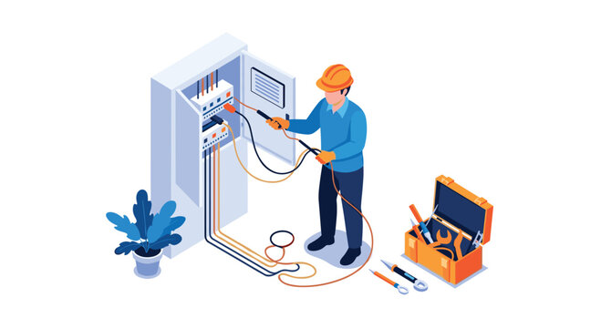 Professional electrician in a hard hat using a multimeter to check a switchboard in an isometric vector illustration concept.
