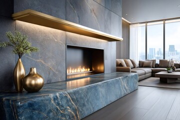 Naklejka premium Modern living room with marble fireplace and city views