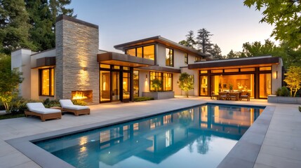 Naklejka premium Modern luxury villa with swimming pool at twilight