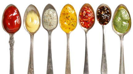 Various sauces on spoons on a transparent background for cooking and culinary concepts