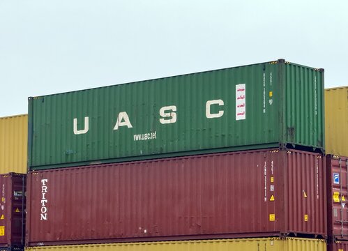 Container of UASC company with goods ready to be transported