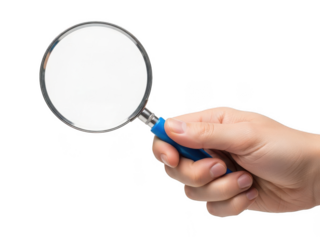 Hand holding blue magnifying glass for detailed inspection