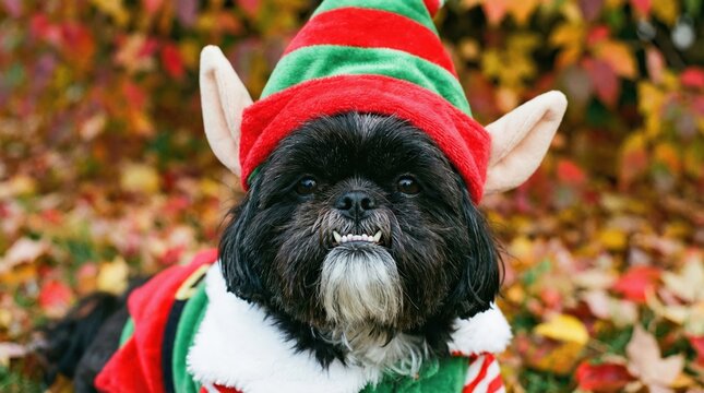 A festive black Shih Tzu, dressed in a charming elf costume, sits amidst a backdrop of colorful autumn leaves, its adorable underbite and bright eyes enhancing its whimsical appeal.