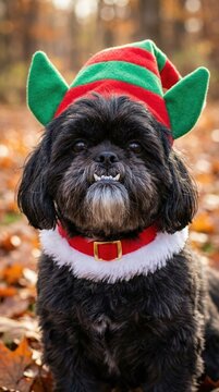 An endearing black Shih Tzu adorned in a Christmas elf attire, sporting a red and green striped hat, exposing its underbite, photographed outdoors amidst autumn foliage.