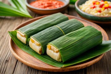 Steamed tamales wrapped in banana leaves on plate