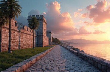 Ancient stone fortress with towers stands beside calm water. Palm trees line cobblestone path under vibrant sunset sky with soft clouds. Peaceful coastal scene with distant town and mountains.