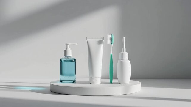 High-quality still life render of luxury dental products on a white surface, focusing on elegant packaging design and texture.