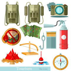 Collection of Tourism elements on white. Flat Vectro Icon Sets