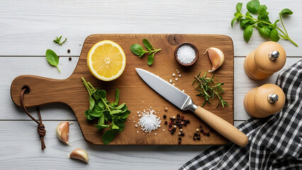 Overhead view of wooden cutting board with lemon garlic herbs salt and pepper grinder