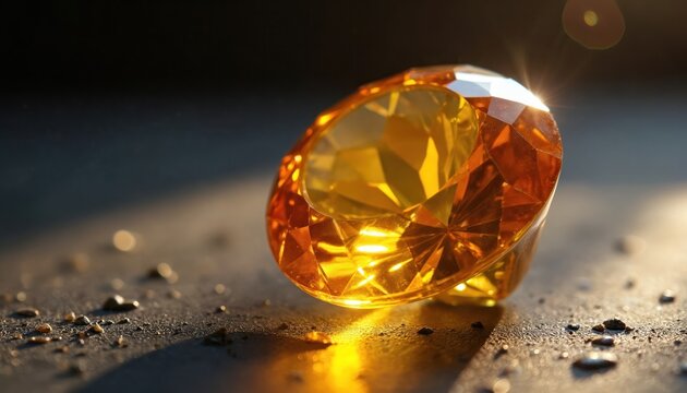 Close up shot presents yellow topaz gem. Shiny gemstone reflects light. Faceted cut exhibits clarity. Jewelry item polished, sparkling on dark textured surface. Design element luxury with vibrant