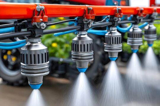 Agricultural sprayer nozzles irrigating crops in a field