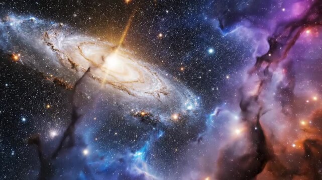 A vibrant, swirling galaxy with shades of orange, purple, and blue, set against a starry night sky with a white border at the bottom