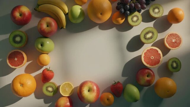 A vibrant assortment of fresh fruits arranged in a circular pattern on a white surface.