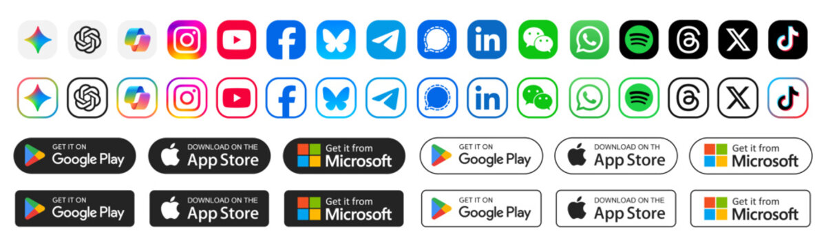 Most popular social media logo icons with Google Play, App Store and Microsoft Store download App buttons