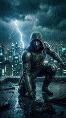 Fototapeta premium A mysterious figure in a hooded outfit crouches on a rooftop, illuminated by lightning amidst a dark, rainy cityscape.