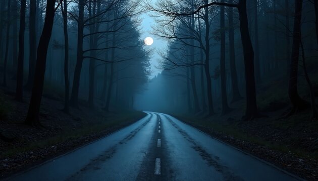 Dark asphalt road curves through deep forest at night. Full moon glows in foggy sky, light pierces bare tree canopy. Wet street reflects moon, creates eerie, silent atmosphere. Desolate path leads
