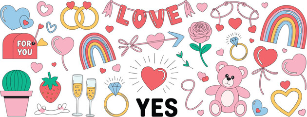 Romantic celebration collage, love-themed icons, Valentine&rsquo;s Day elements, wedding symbols, cheerful graphic set, festive design, flat vector illustration