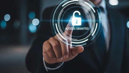 Businessman granting access with a digital interface unlocking mechanism.
