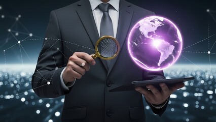 Businessman holding a magnifying glass and glowing globe symbolizing global search and technology
