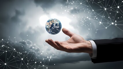 Businessman holding a rotating globe on outstretched hand with digital connections