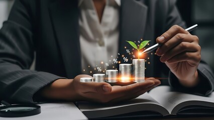 Businessman hands holding stack of coins with a plant sprouting from the top