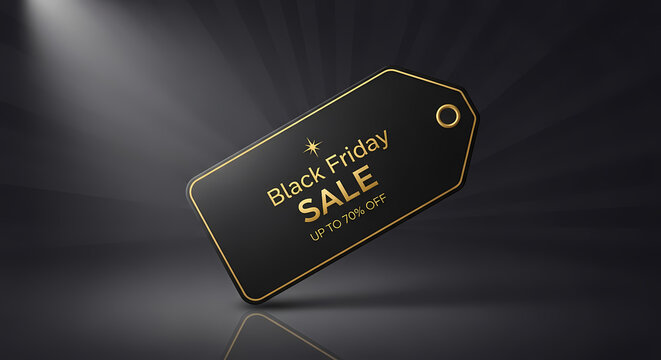 A black Friday sale tag with golden text is prominently displayed on a dark reflective surface