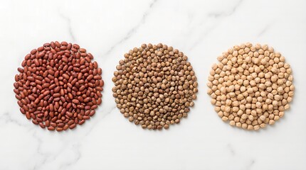Three circular piles of various legumes on a marble surface