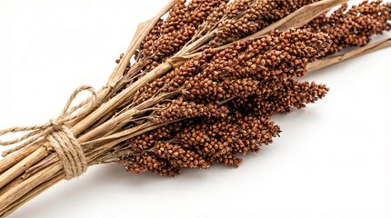Rustic Bundle of Dried Sorghum Grains Tied with Twine, Showcasing Agricultural Harvest and Natural Textures on a Clean White Background