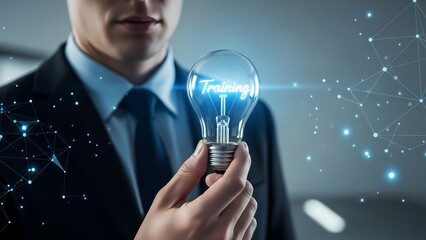 Businessman in a suit holding a lightbulb labeled training to symbolize learning and development.