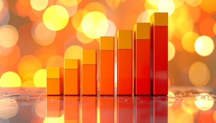 Stylized 3D bar chart with eight vertical bars—red-orange base and yellow tops—on reflective surface with warm bokeh background.