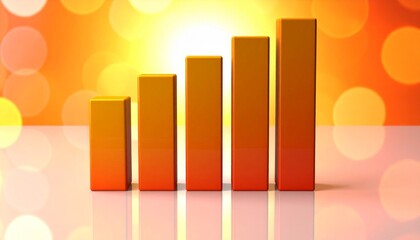 Stylized 3D bar chart with eight vertical bars—red-orange base and yellow tops—on reflective surface with warm bokeh background.