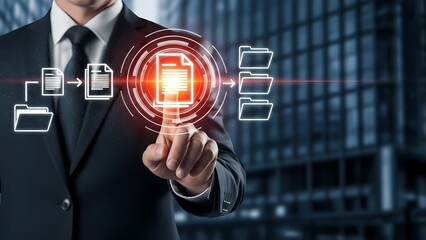 Businessman interacting with digital document management system on virtual interface