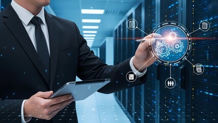 Businessman interacting with futuristic interface next to server room