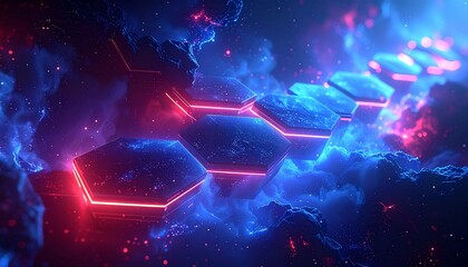 Futuristic digital background of interconnected glowing hexagons—blue and red edges—on dark space with light particles.